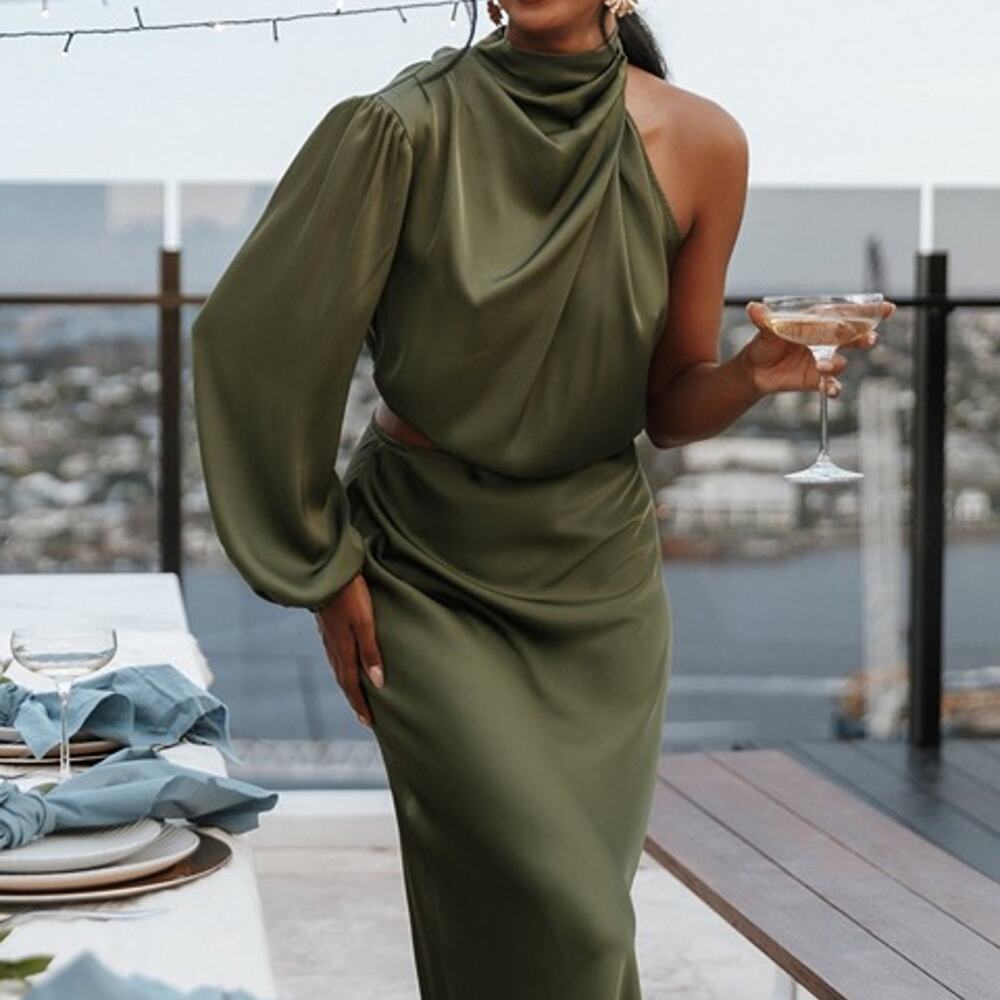 NWT Petal & Pup Women's Amelie One Shoulder Olive Green Midi Dress Size XL